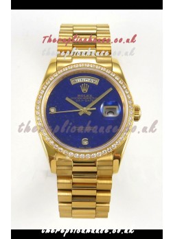 Rolex Day Date Yellow Gold Blue Lapis Dial Diamonds Bezel 36MM Swiss Replica