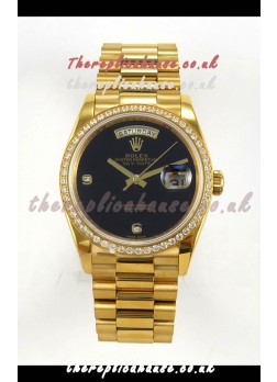 Rolex Day Date Yellow Gold Black Dial Diamonds Bezel 36MM Swiss Replica