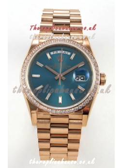 Rolex Day Date 128345 Rose Gold Green Crystal Dial Diamonds Bezel Super Clone Watch 