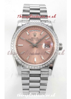 Rolex Day Date 128349 Stainless Steel Pink Crystal Dial Super Clone Watch 