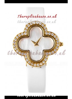 Van Cleef & Arpels Alhambra Yellow Gold Diamonds Bezel Pearl Dial Watch 