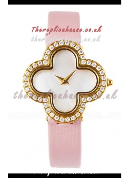 Van Cleef & Arpels Alhambra Yellow Gold Diamonds Bezel Pink Strap Watch 