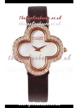 Van Cleef & Arpels Alhambra Rose Gold Diamonds Bezel Black Strap Watch 