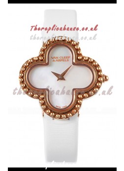 Van Cleef & Arpels Alhambra Rose Gold White Strap Watch 
