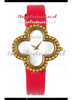 Van Cleef & Arpels Alhambra Yellow Gold Red Strap Watch 