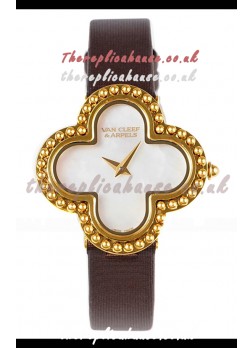 Van Cleef & Arpels Alhambra Yellow Gold Brown Strap Watch 