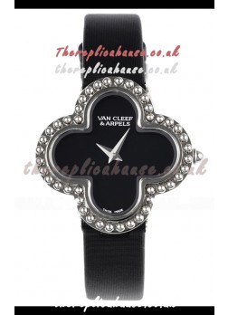 Van Cleef & Arpels Alhambra Stainless Steel Black Strap Watch 