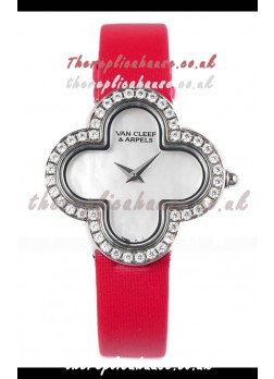 Van Cleef & Arpels Alhambra Stainless Steel Diamonds Bezel Red Strap Watch 