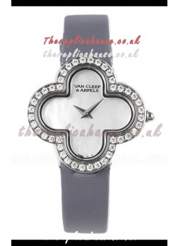 Van Cleef & Arpels Alhambra Stainless Steel Diamonds Bezel Grey Strap Watch 